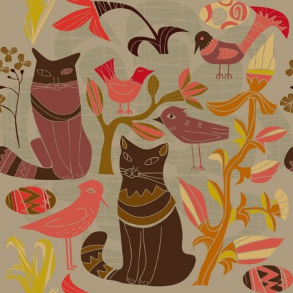 vector phim hoạt hình phong cách trang trí chim và mèo