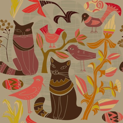 мультфильм вектор декоративный стиль птицы и кошки