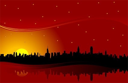 城市高層建築下的紅色夕陽剪影向量