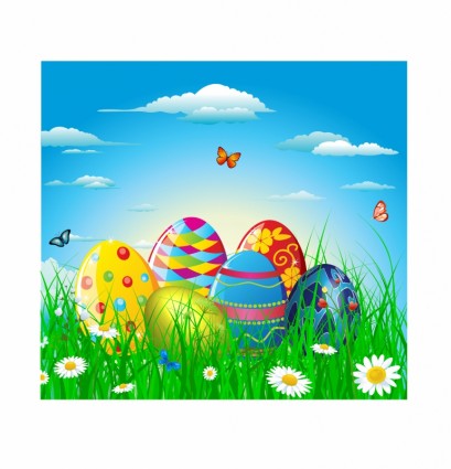 warna-warni telur Paskah di rumput dan bunga
