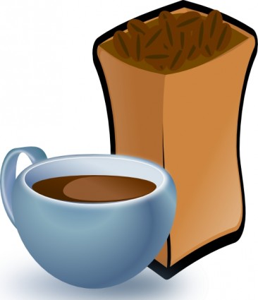 xícara de café com saco de grãos de café clip-art