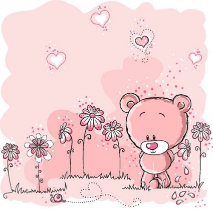 หมีน่ารักสีชมพูอิลลัสเตรเตอร์เวกเตอร์ดอกไม้เส้นร่าง