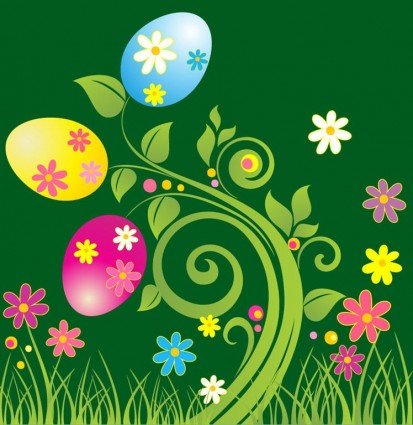 ไข่อีสเตอร์กับภาพเวกเตอร์ลายดอกไม้สีเขียว