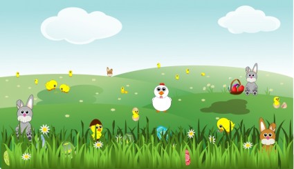 panorama di Pasqua con uova di coniglietti pulcini di pollo fiori