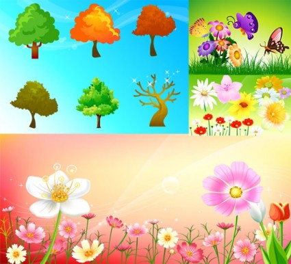 Цветы и деревья бабочки вектор
