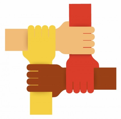 vier Farben Teamarbeit Hände