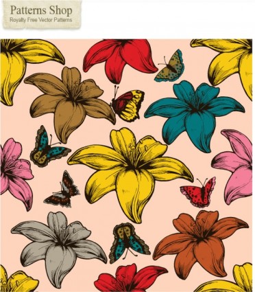 Kostenlose Blumen und Schmetterlinge Vektor seamless pattern