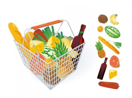 水果、 蔬菜和購物籃向量