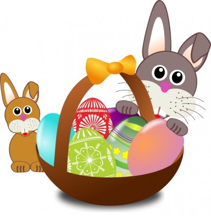 Funny Bunny Face With Easter Eggs In A Basket With Baby Rabbit