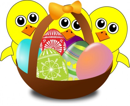 kartun lucu ayam dengan telur Paskah dalam bakul