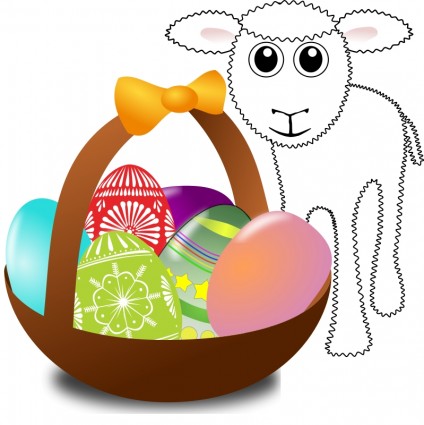 Cordero gracioso con huevos de Pascua en una cesta