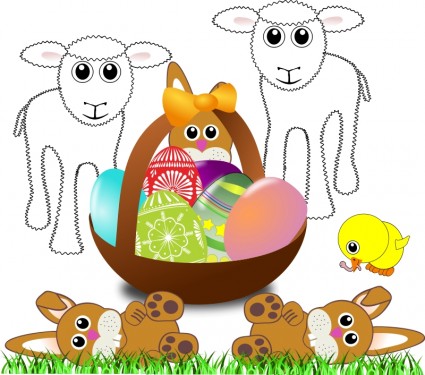 재미 있는 어린 토끼와 부활절 달걀 바구니에서와 병아리