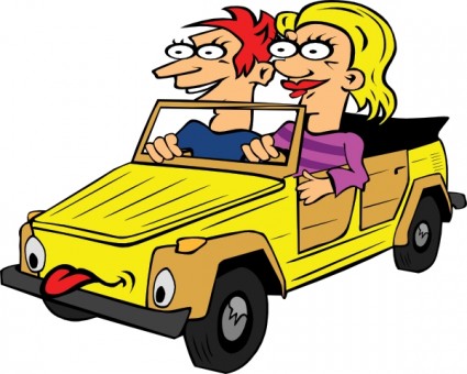 فتاة وصبي يقود سيارة الكرتون قصاصة فنية