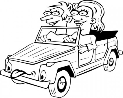 Mädchen und junge fahren Auto Cartoon umriß ClipArt