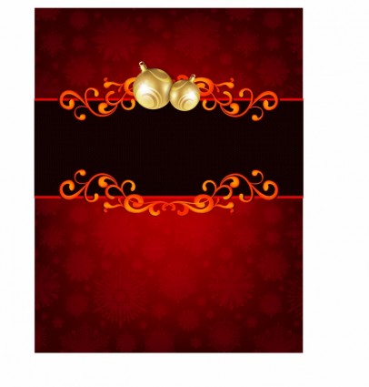 红色假日卡背景上的金黄圣诞装饰品。