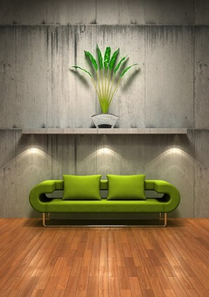 Зеленый диван с старая картина стены