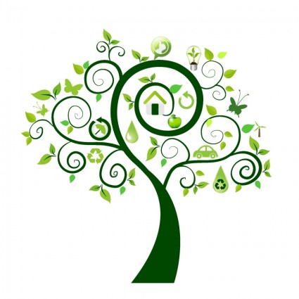 árvore verde com ícones de ecologia