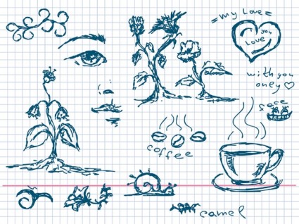 手繪咖啡植物和其他元素的向量