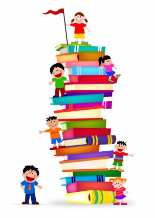 dzieci wspinać się stos książek