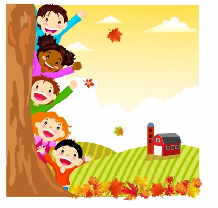 дети прячутся за Осеннее дерево
