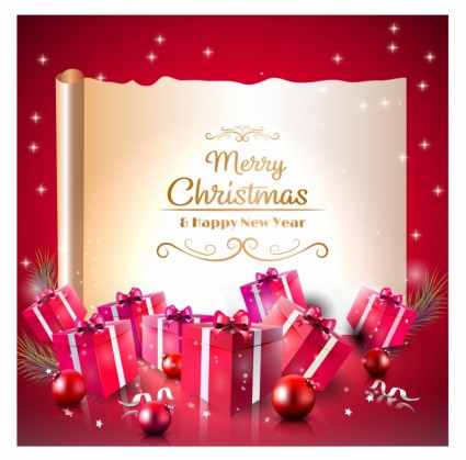 tarjeta de felicitación de Navidad de lujo con las cajas de regalo rojo y papel viejo