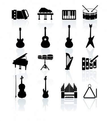 Инструменты музыкальные в черно-белый значок набор