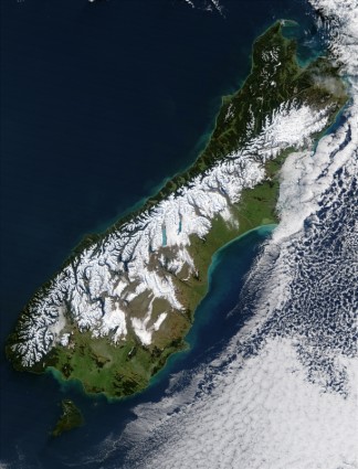 Zdjęcie satelitarne wyspy Południowej Nowej Zelandii