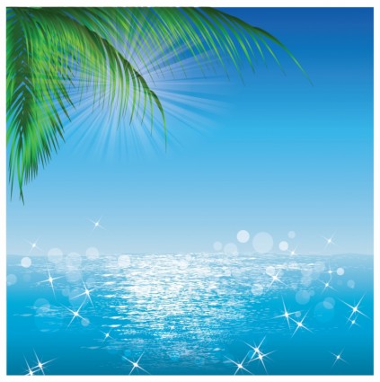 refleksi matahari laut dan palmleaves