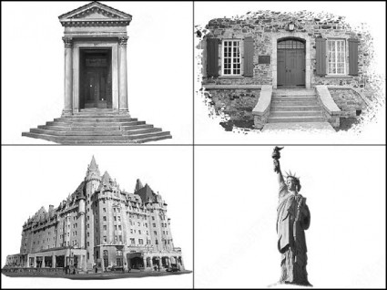 edificios antiguos y estatua del cepillo de la libertad