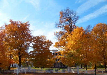 rumah tua di pohon-pohon musim gugur