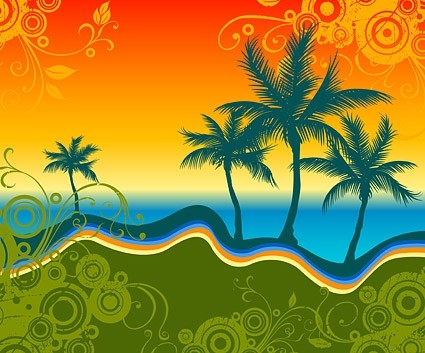 棕櫚海灘剪影與潮流花紋向量