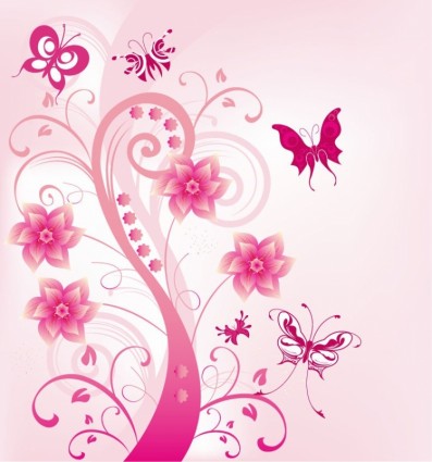 Pink Bunga berputar dengan butterfies vektor ilustrasi