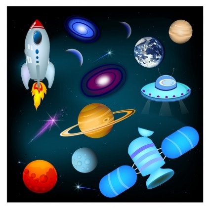 planet-planet ruang kapal dan bintang set ikon