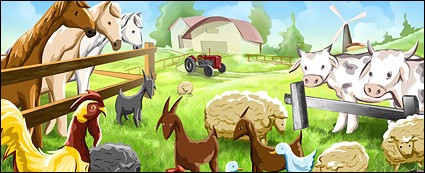 PSD farm kartun ilustrasi berlapis bahan