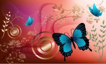 Red Background Flowers And Blue Butterfly Graphics Vector Design
