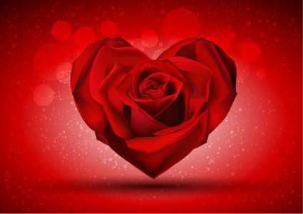 rosa roja en forma de corazón sobre vector fondo brillante