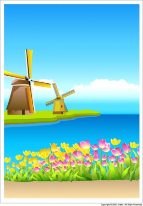Riverside Windmill Flowers Vector