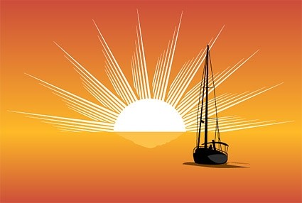 海上日落帆船剪影向量