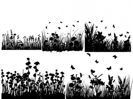 mehrere Gras und Schmetterlinge silhouette vektor