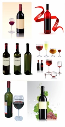 vettore di bottiglie e bicchieri vino diversi