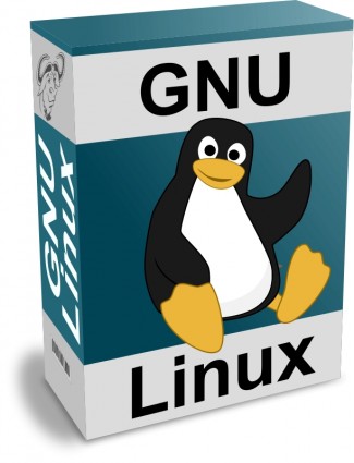 caja de cartón de software con texto de gnu linux y tux