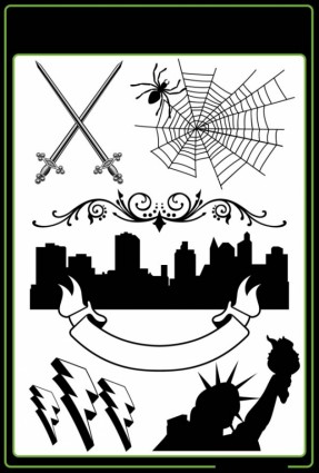 闪电自由和其他花纹矢量的雕像的剑蜘蛛城市剪影