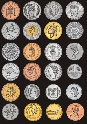 die Gedenkmünzen rund um die Welt-Vektor