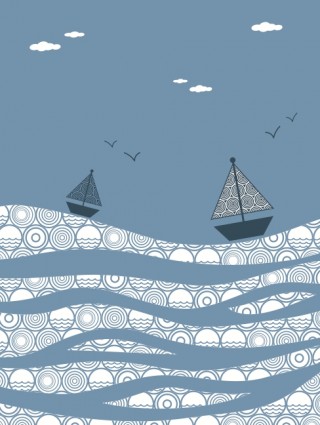 海のボートの装飾的な絵画のベクトル