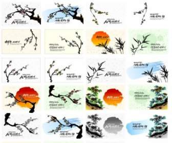 28 マーリン竹・菊の植物描画ベクトル