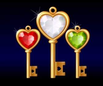 3 Gold Diamond Heartshaped Key Vector