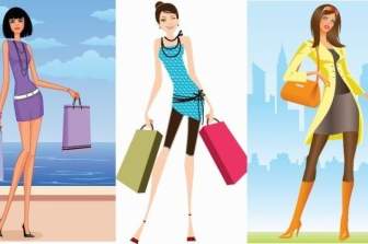 3 Shopping Girls Vector Illustration