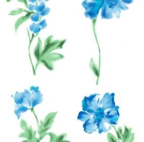 4 Blue Watercolor Style Flowers Psd