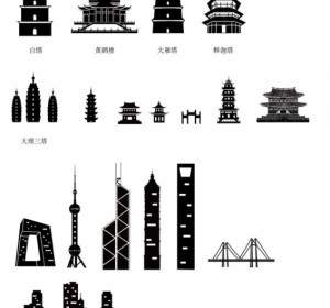 古代と現代の中国建築シルエット ベクトル
