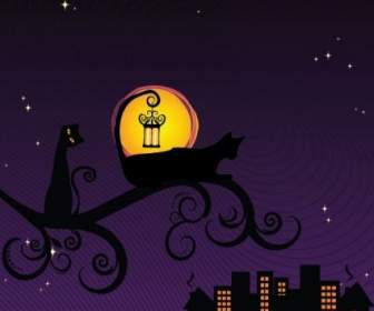 Black Silhouette Of Cat At Night Vector Illustration